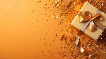 Gift box with gold ribbon and confetti on orange background. 3d renderingの素材