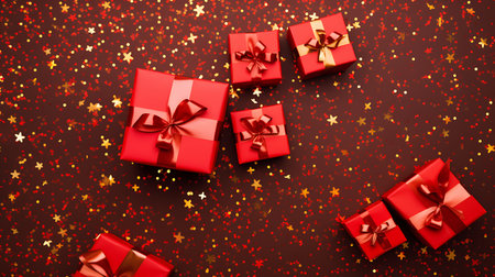 Gift boxes with bows and confetti on a red background.の素材