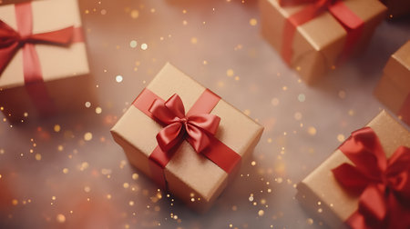 Gift boxes with red ribbons on bokeh background.の素材