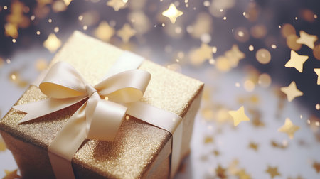 Golden gift box with golden ribbon and bow on bokeh backgroundの素材