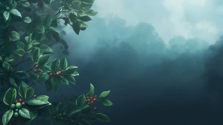 3d illustration of a misty forest with green leaves and berriesの素材