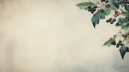 Holly berry with leaves on vintage background. Copy space.の素材