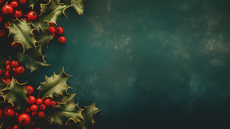Christmas background with holly leaves and red berries on dark blue backgroundの素材