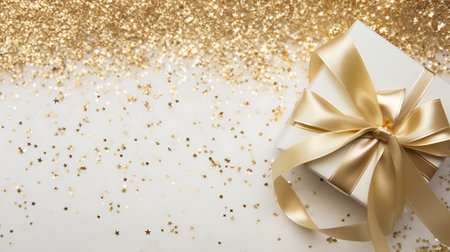 Gift box with golden bow on white background with copy space.の素材