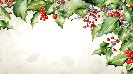 Watercolor Christmas background with holly leaves and berries. Vector illustration.の素材