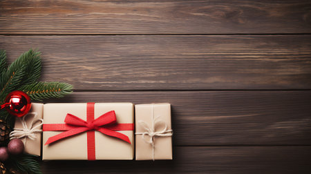 Christmas gift boxes and fir tree branch on wooden table. Top view with copy spaceの素材