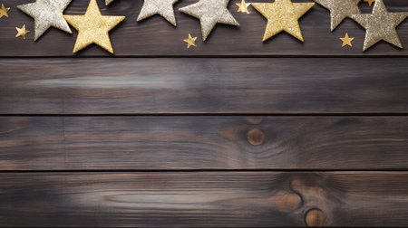 Christmas background with golden stars on wooden board. Top view with copy spaceの素材