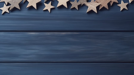 Wooden stars on blue wooden background. Copy space for text.の素材