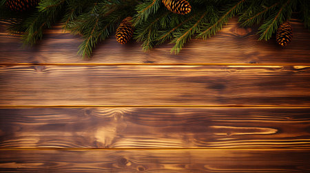Christmas fir tree branches on wooden background with copy space. Top viewの素材