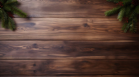 Christmas fir tree branches on wooden background with space for text. Top viewの素材