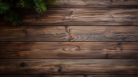 Christmas tree branches on wooden planks background with copy space for textの素材