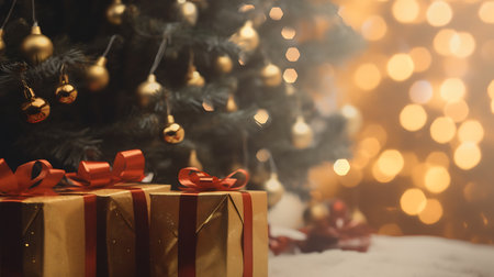 Christmas tree and gifts on the background of a beautiful bokehの素材