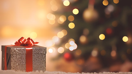 Gift box with christmas tree on bokeh background.の素材