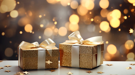 Golden gift boxes on bokeh background. Christmas and New Year holidaysの素材