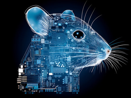 mouse head with electronic circuit on a black background. 3d renderingの素材