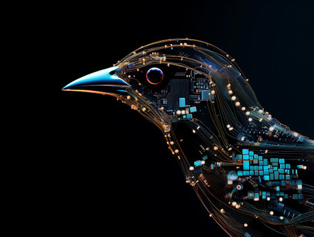 3D rendering of a cyborg bird on black background with circuit boardの素材