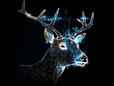 Digital illustration of deer head with glowing lines and dots on black backgroundの素材