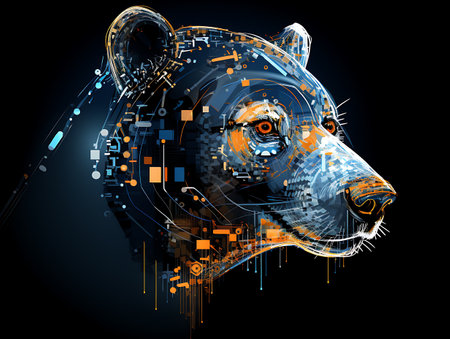 Digital illustration of a bear head in digital background. 3D renderingの素材
