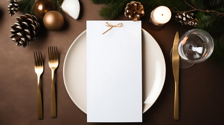 Christmas table setting with empty card and golden cutlery on brown backgroundの素材