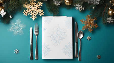 Christmas menu mockup with cutlery and christmas decorations on blue background. Top view.の素材