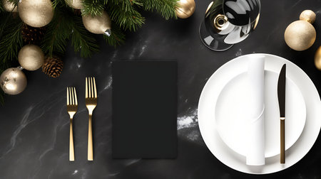 Christmas table place setting with golden cutlery and christmas decorations on the background. Top view, flat layの素材