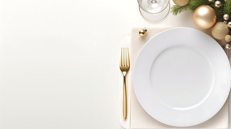 Christmas table setting with golden cutlery and christmas decorations on white backgroundの素材