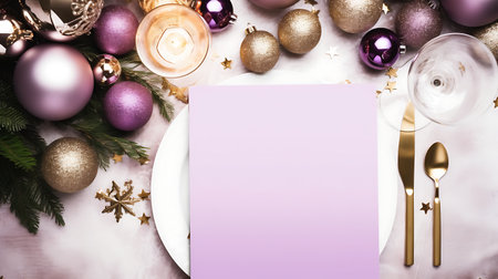 Christmas table place setting with purple baubles and golden cutleryの素材
