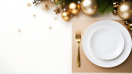 Christmas table setting with golden decorations on white wooden background. Top view with copy space.の素材