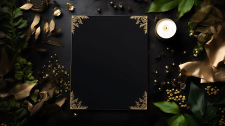 Black invitation card mockup with copy space. Flat lay, top view.の素材