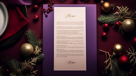 Christmas menu mockup. Top view of christmas table setting with blank menu card and decorations.の素材