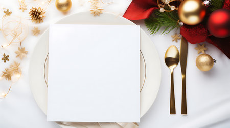 Christmas table setting with white plates, golden cutlery, christmas decorations and red bow on white background.の素材