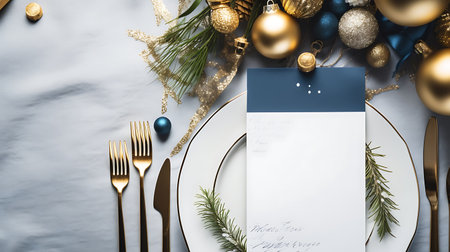 Christmas table place setting with golden cutlery and christmas decorationsの素材