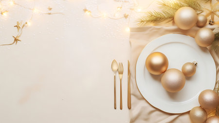 Christmas table setting with golden christmas baubles, golden cutlery and light garlandの素材