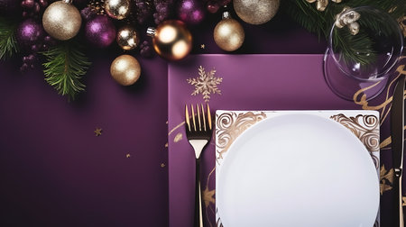 Festive table setting with christmas ornaments in purple and gold colorsの素材