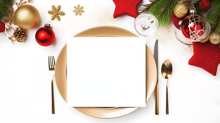 Christmas table setting with blank card, golden cutlery and christmas decorations on white backgroundの素材