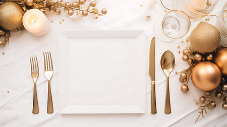 Christmas table setting with golden christmas decorations on white background. Top view, flat layの素材