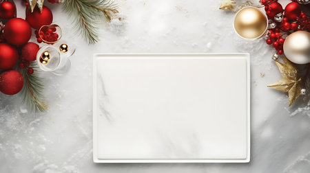 Merry Christmas and Happy Holidays greeting card mockup template. Top view, flat layの素材