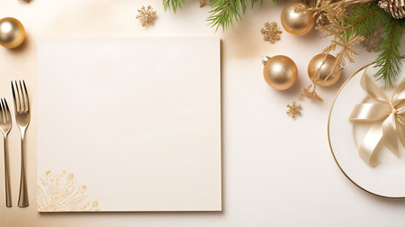 Christmas greeting card mockup with golden christmas decorations. Top view with copy space.の素材