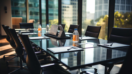 Interior of modern conference room with table and chairs, selective focusの素材