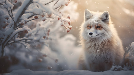 Beautiful fox in the winter forest at sunset. Nature background.の素材