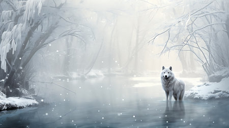 White wolf in winter forest. 3d rendering. Computer digital drawing.の素材