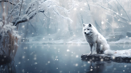 Beautiful white wolf in winter forest with snowflakes and lakeの素材