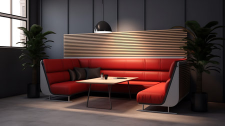 Interior of modern living room with red sofa, coffee table and wooden wall. 3d renderの素材