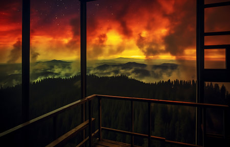 Sunset in the mountains with a beautiful view from the window.の素材