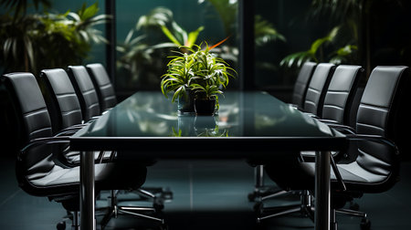 Modern conference room interior with black chairs and green plants. 3D Renderingの素材