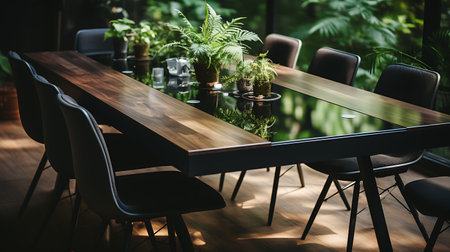 Wooden table and chairs in a modern cafe with green plants.の素材