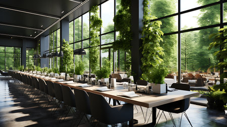 3d rendering of modern cafe interior design with glass wall and green plantsの素材