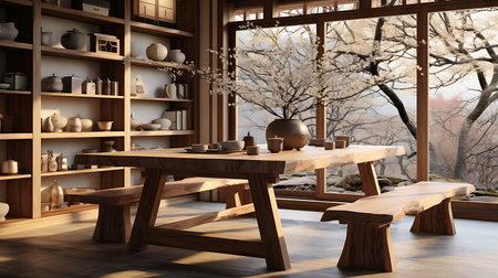Interior of modern dining room with wooden table and chairs, 3d renderの素材