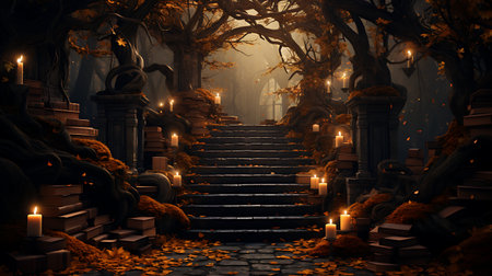 Mystical Halloween scene with stairs, pumpkins and candles 3D illustrationの素材