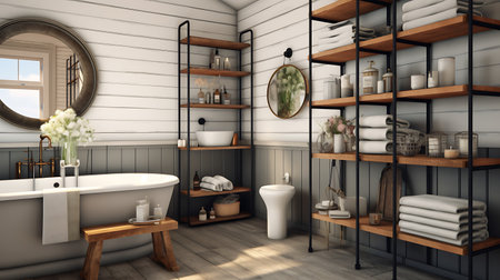 Bathroom interior with bathtub and shelves, 3d renderの素材